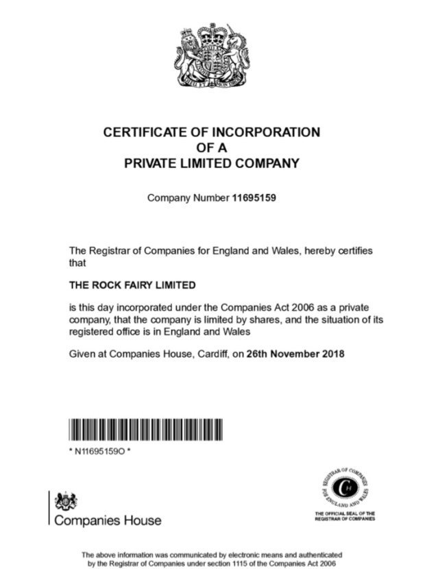 The Rock Fairy Certificate of Incorporation