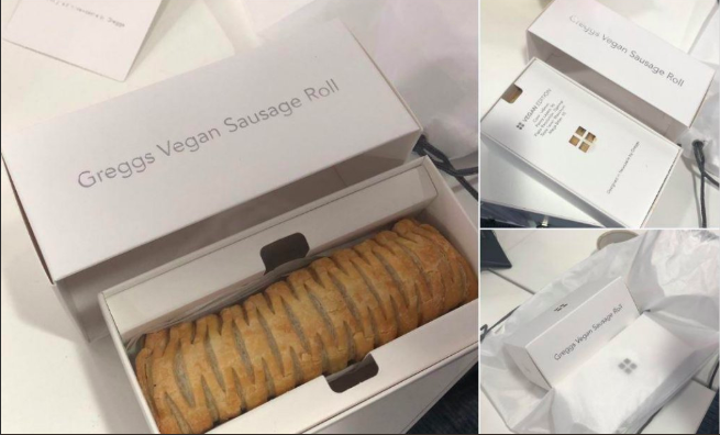 Greggs sausage roll in an iPhone box